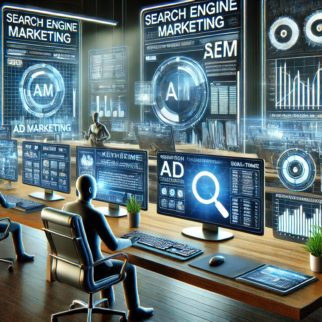 DALL·E 2025-02-05 13.39.34 - A futuristic digital marketing workspace focused on Search Engine Marketing (SEM). Multiple computer screens display keyword research tools, AI-driven