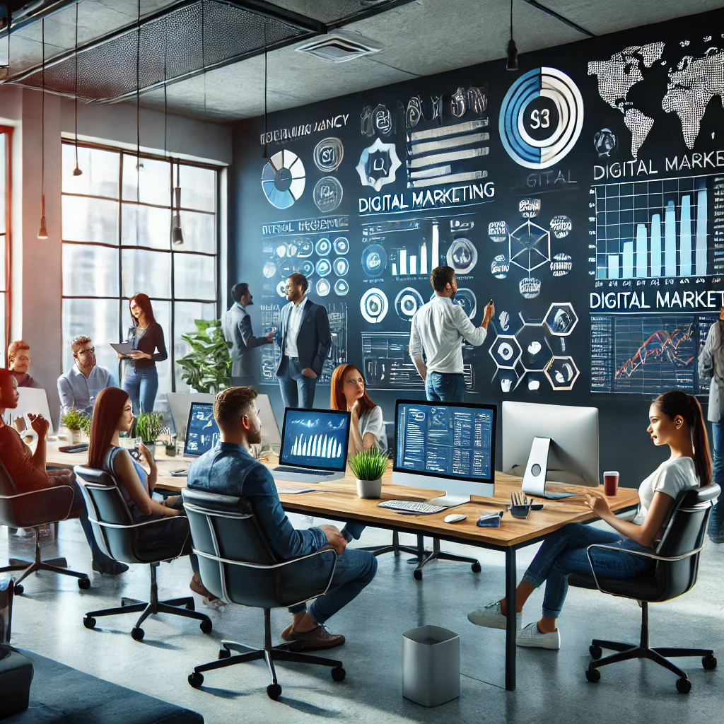 DALL·E 2025-02-05 01.30.09 - A modern digital agency workspace with a team collaborating on marketing strategies. The office is sleek and professional, with multiple computer scre